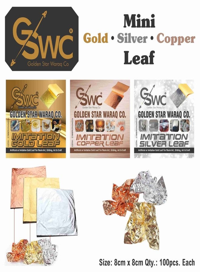 GSWC 300Pc Metallic Gold Silver Copper Foils Clarity Foils Sheets Gliding Foils Imitation Foils For Diye,Fram,Art & Craft,Furniture Decoration Etc (Gold+Silver+Copper 100 Each) 8X8 Cm - Image 2